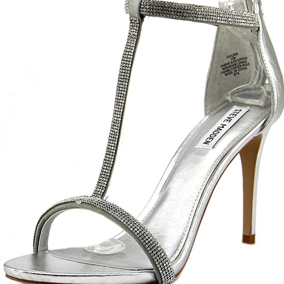 Steve Madden Faylinn Silver rhinestone heels stiletto 7M prom formal t strap - Picture 1 of 6